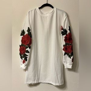 White Sweatshirt Mini Dress with Rose Embroidered Sleeves